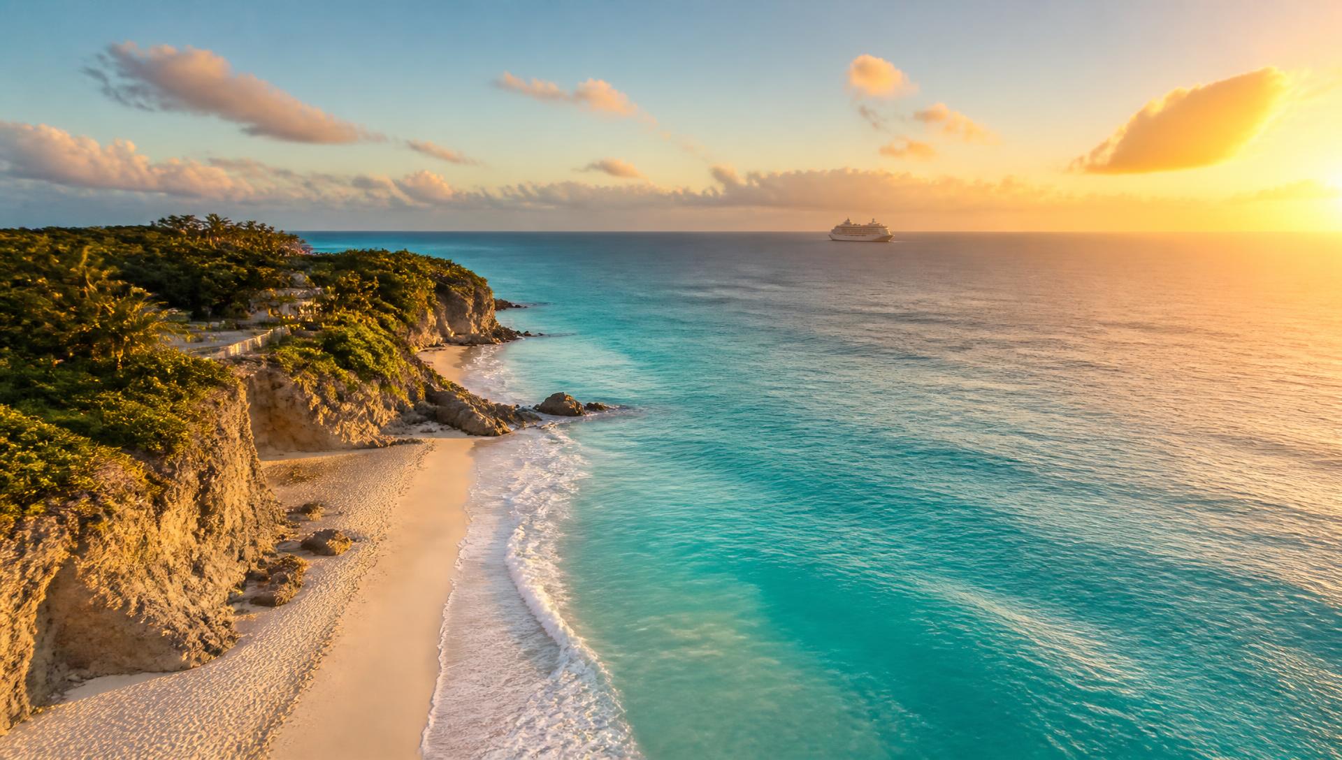 Aerial view of a turquoise Caribbean coastline at sunset with a cruise ship on the horizon